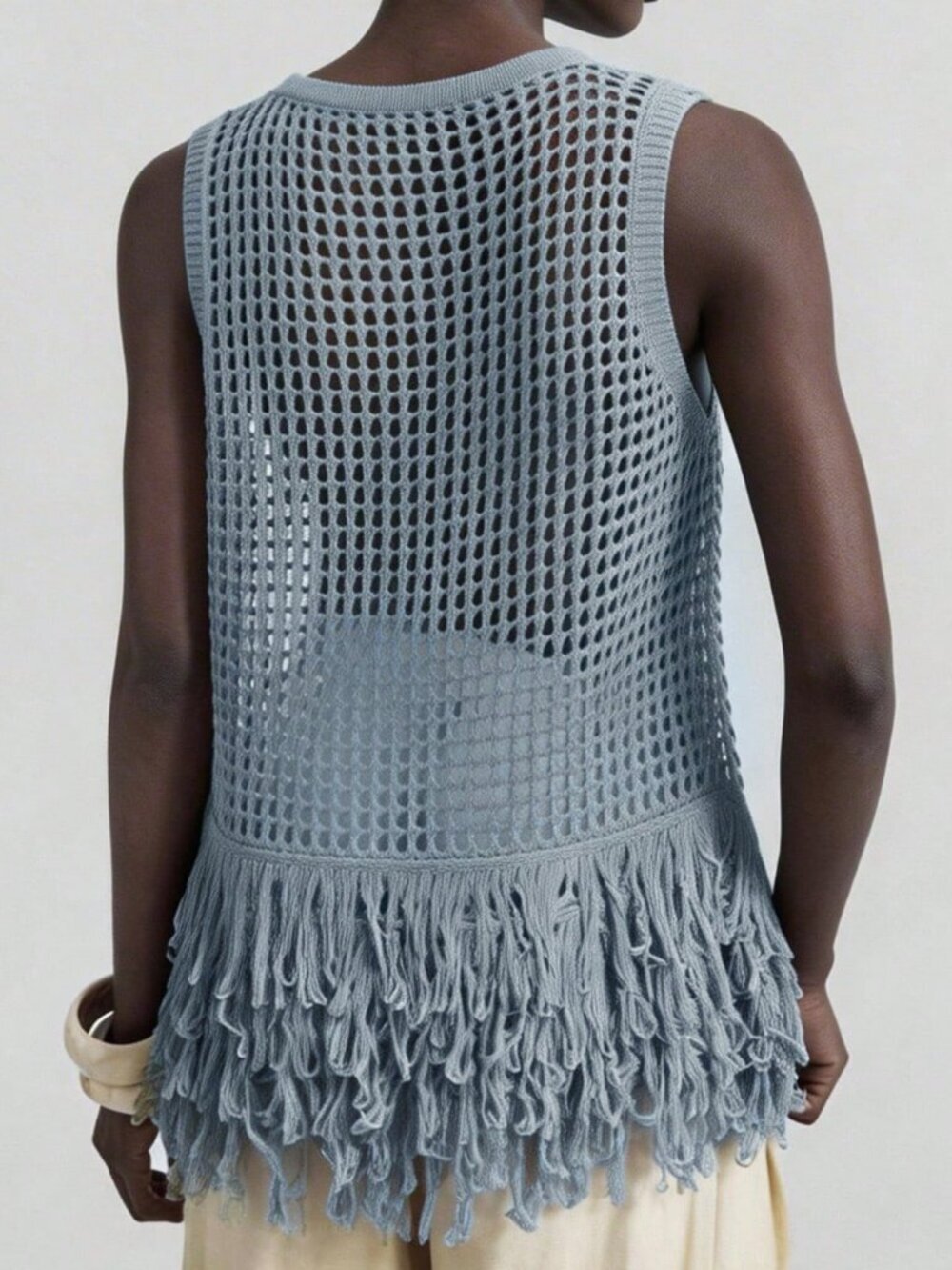 Blue Boho Casual Women's Sweater Dress Sleeveless Tassel Hem Knit Tank Top - Picture 2 of 6